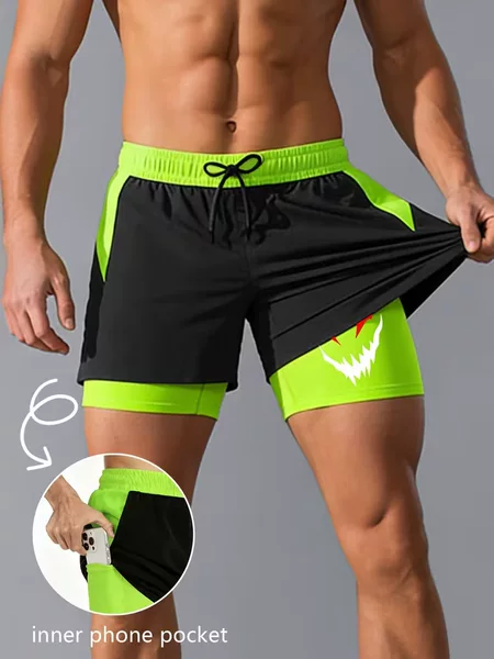 Men's Summer Double-Layer Sports Shorts, Quick-Drying, Breathable, Fitness Training, Anti-Exposure, Five-Point Shorts
