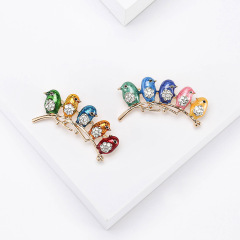 外貿卡通可愛五彩繽紛5隻鳥胸針高檔琺瑯滴油彩釉鑲鑽動物絲巾扣