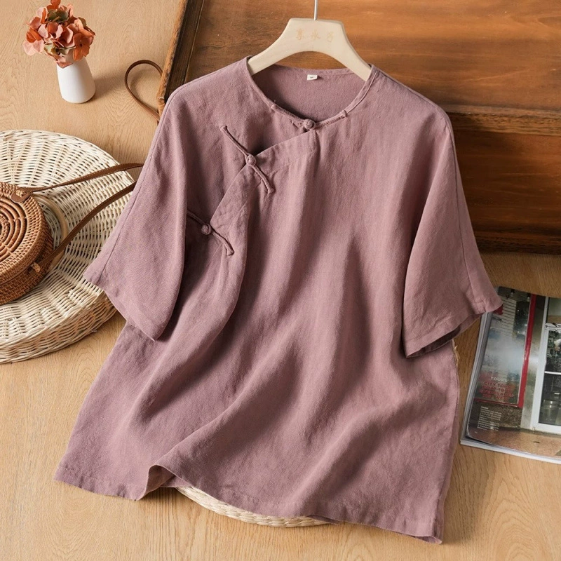 2025 летний новый хлопковый и льняный чай с короткими рукавами
