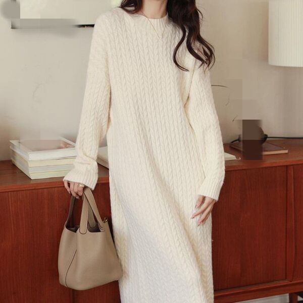 Long demi-season solid color sweater with a round collar