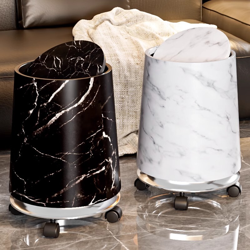 Pulley trash can household vintage imitation marble large capacity high-value sanitary bucket with wheels and lid wholesale