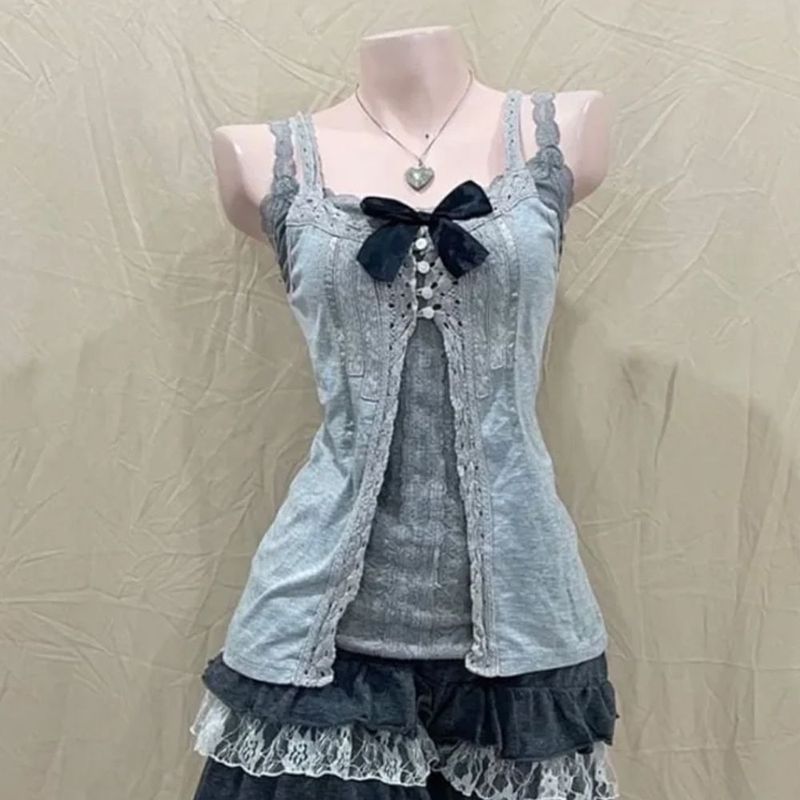古代の娘の夏服新しい和風ソフトガールカレッジ甘いスタイルのリボンレーススプライシングスカート 3 点セット|undefined