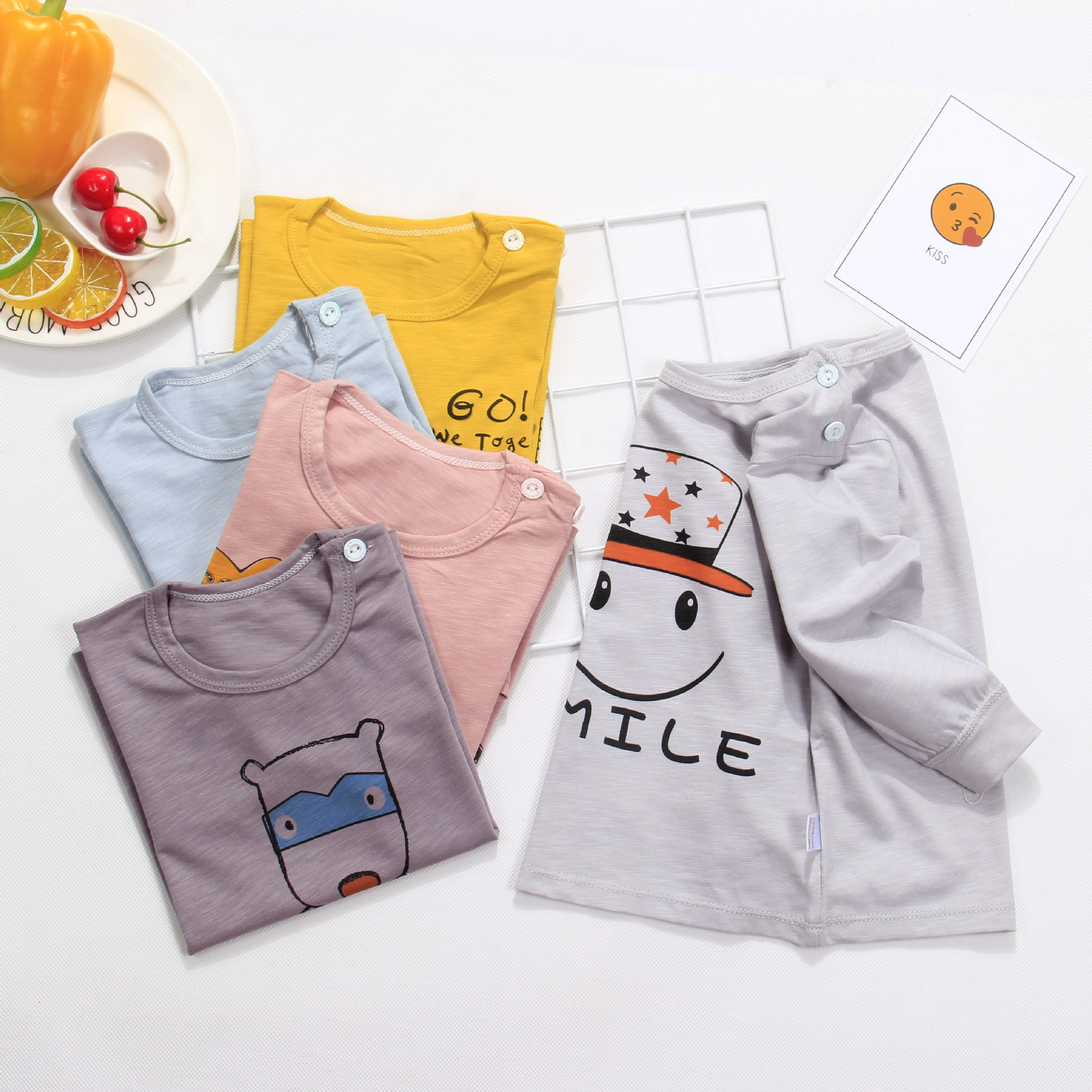 21 Spring and summer New products Children's clothing Infants Thin section Long sleeve baby Slub cotton T-shirt Thread Cartoon children Home Furnishings