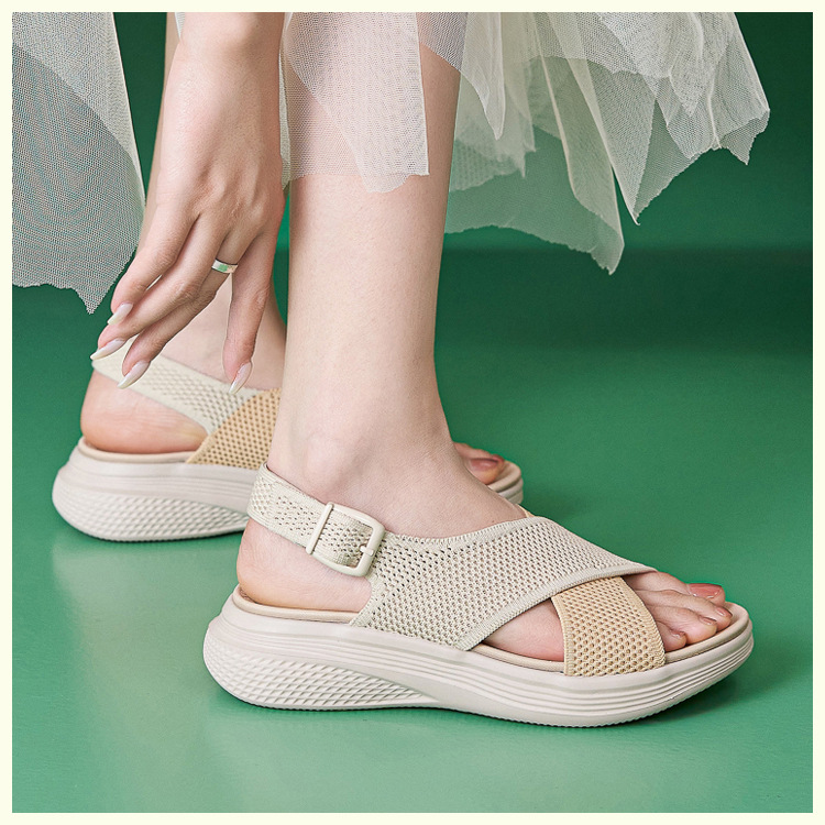 Sandal nữ quai chéo dệt kim phối dây rút, đế MD nhẹ êm — màu be, màu đen, xanh lam, màu hồng chi tiết 39