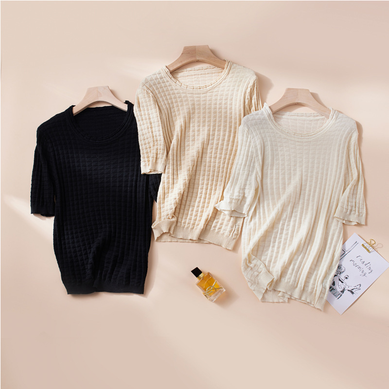 Silk elegant half sleeve top loose plus size inner wear lazy style sweater thin bottoming shirt mulberry silk women