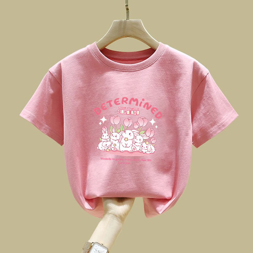 2317 100% Cotton Children's Short-Sleeve T-Shirt for Girls Summer Outfit Loose for Middle and Large Children Stylish and Versatile Top for Little Girls