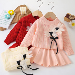 Children's sweater for girls, new baby winter and autumn version, single flower long sleeve knitted top, Korean style for girls, stylish matching dress