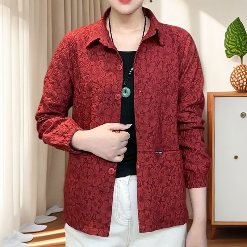 Spring and Autumn Jacquard Casual Polo Collar Short Jacket for Moms, Long-Sleeve Fashionable Loose Jacket, Spring Short Women's Clothing Spring and Autumn Jacquard Casual Polo Collar Short Jacket for Moms, Long-Sleeve Fashionable Loose Jacket, Spring Short Women's Clothing