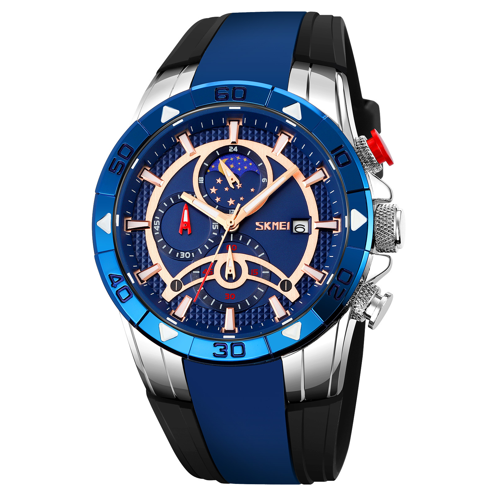 Momentos de belleza para hombres cronógrafo multifuncional de cuarzo muestra fase lunar reloj de pulsera impermeable correa de silicona reloj de deportes transfronterizos para hombres