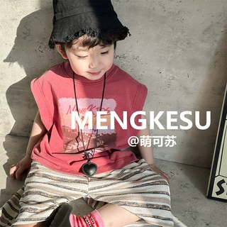 萌苏儿童背心水洗做旧2025夏季男童纯棉无袖t恤男孩宝宝夏装上衣