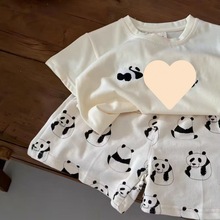 儿童套装夏季2023新款男女童熊猫短袖恤宝宝夏装休闲满印短裤潮
