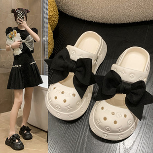 Hole Shoes Women's Outer Wear Summer 2024 New Ins Cute Breathable Dung Bow Baotou Half Slippers