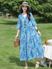 2025新款纯棉绸连衣裙女夏季高级感气质优雅减龄妈妈装人造棉裙子