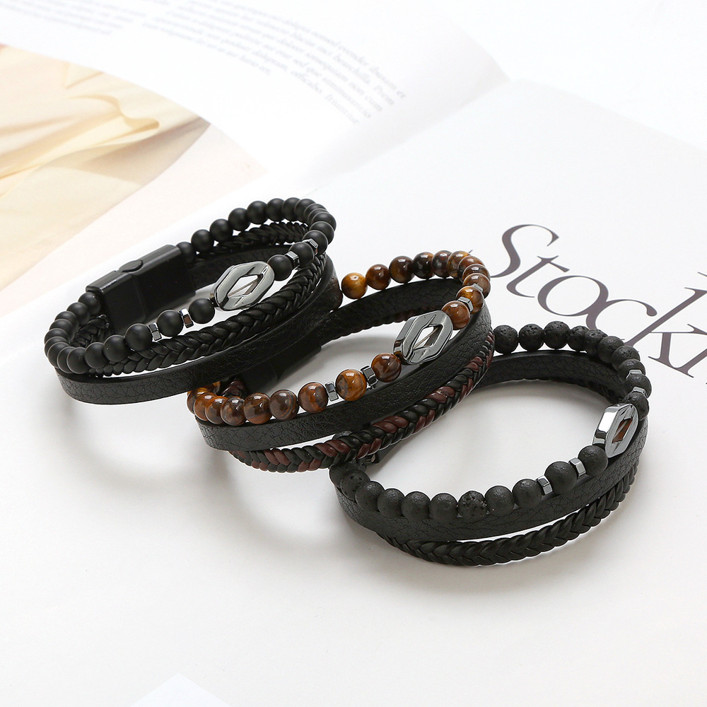 Herrenarmband Aus Leder Und Tigerauge Mit Magnetverschluss_voghion.com