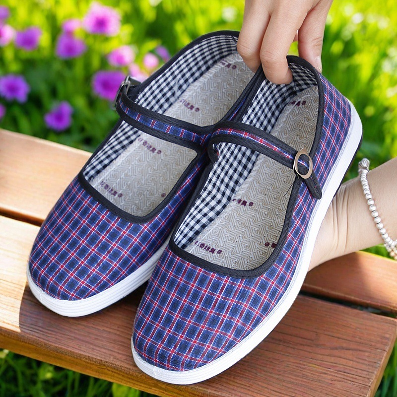 春夏新款一字扣浅口女布鞋方口搭扣妈妈鞋平底广场舞软底厚底单鞋