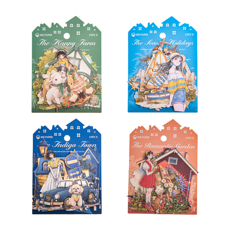 El paquete de pegatinas grandes del Sr. Paper, serie de diario de construcción de sueños, pegatinas de tarjetas duras talladas, pegatinas de material de base de cuenta manual