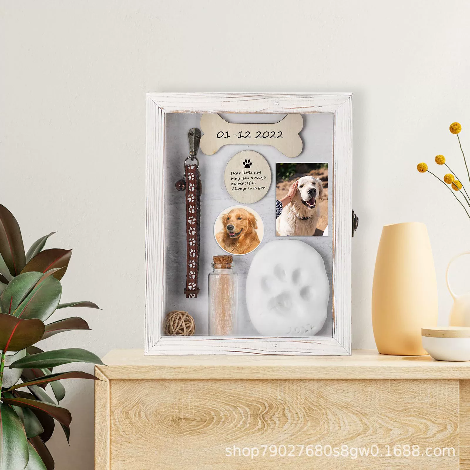 Деревянная коробка для хранения фотографий питомца с откидной крышкой и глиняным отпечатком лапы, коробка для хранения аксессуаров для питомца, коробка для хранения ошейника