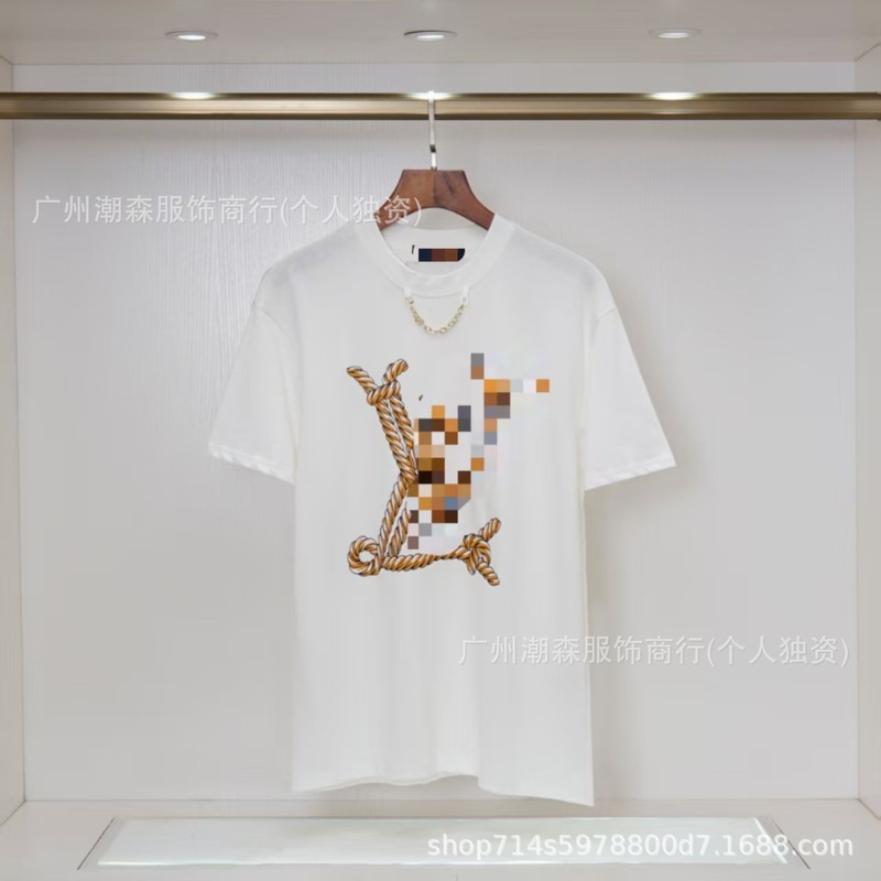 现货跨境奢潮驴家高品质L满印字母短袖外贸经典款圆领男女宽松T恤|undefined