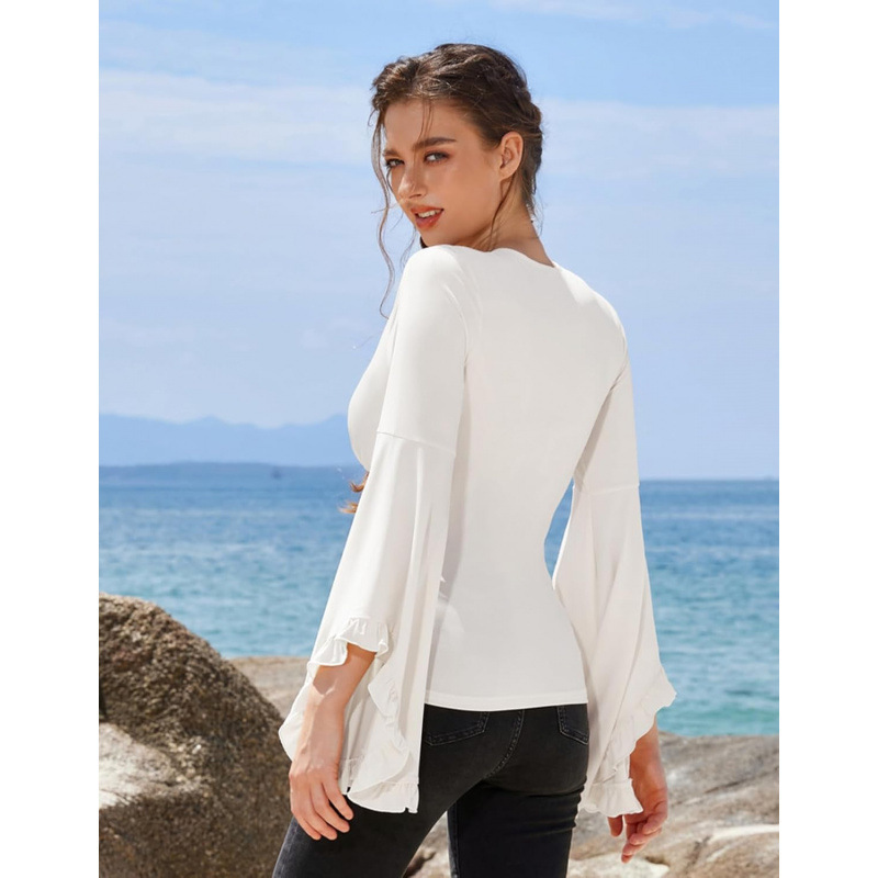 Amazon European and American Style Pure Desire V-Neck Bell Sleeve Shirt 2026 Spring New Wrap-Around Casual Ruffle Top