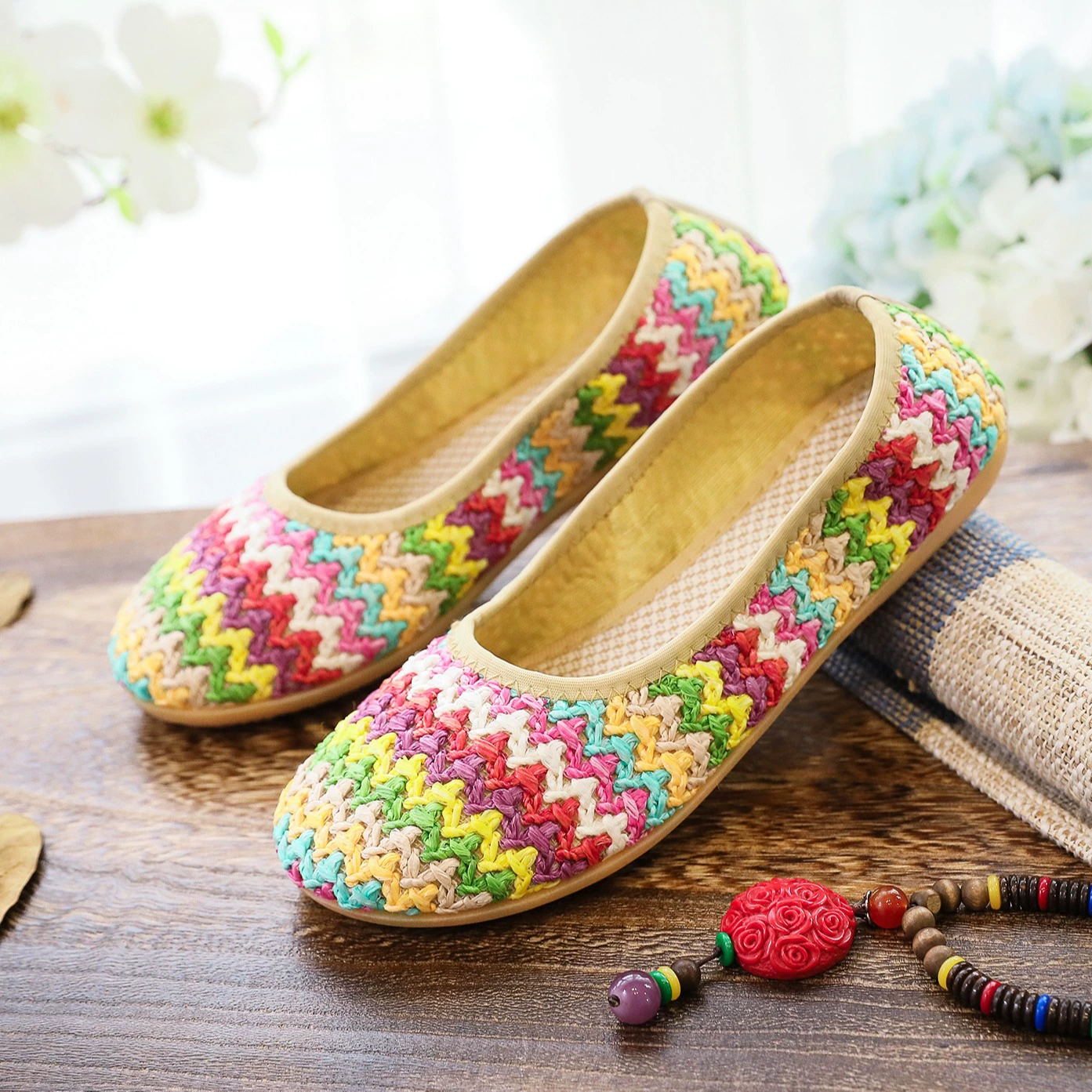 Туфли на плоской подошве Сандалии из тканой ткани Летние сандалии Этническая дышащая женская обувь