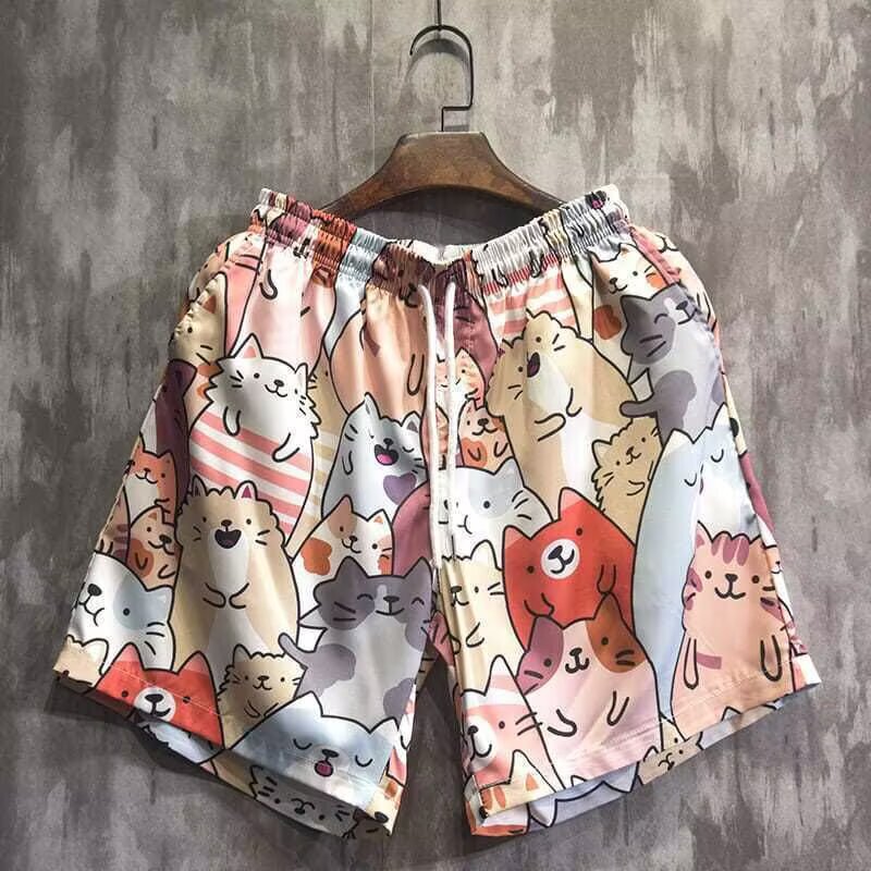 Cute Cat Shorts for Men, Summer Thin Loose-Fitting Beach Vacation Casual Sports Shorts for Teenagers, Versatile Mid-Length Pants