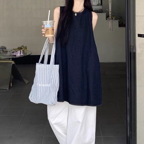 Casual Lazy Style Set Sleeveless Round Neck Loose Dress Women's Summer High Waist Straight Leg Pants Wide Leg Pants Two-Piece Set 