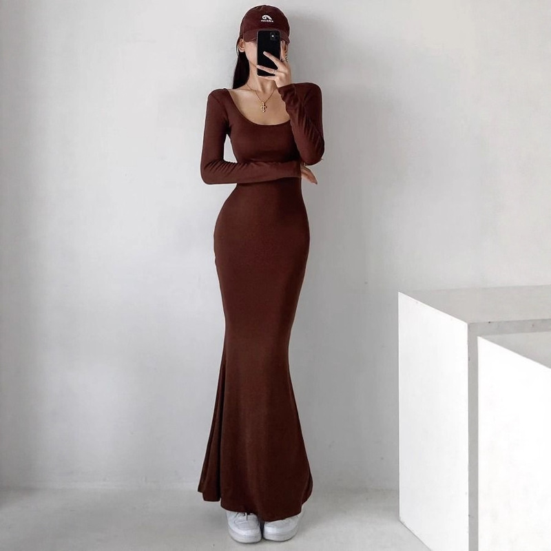 2024 Autumn New Sexy Pullover Long Sleeve Round Neck Solid Color Hip Wrap One-Step Skirt Dress Long Skirt Wholesale 2024 Autumn New Sexy Pullover Long Sleeve Round Neck Solid Color Hip Wrap One-Step Skirt Dress Long Skirt Wholesale