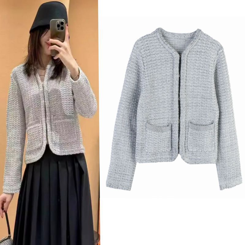 Women's French-Style Silver-Gray High-End Chanel-Inspired Knitted Cardigan with Round Neck, Long Sleeves, and a Chic, Slim-Fit Knit Top