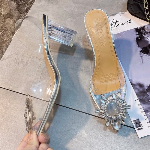  New Arrival Rubber Toe Cover Thick Heel Strappy High Heels PU Crystal Material Pointed Toe Sandals