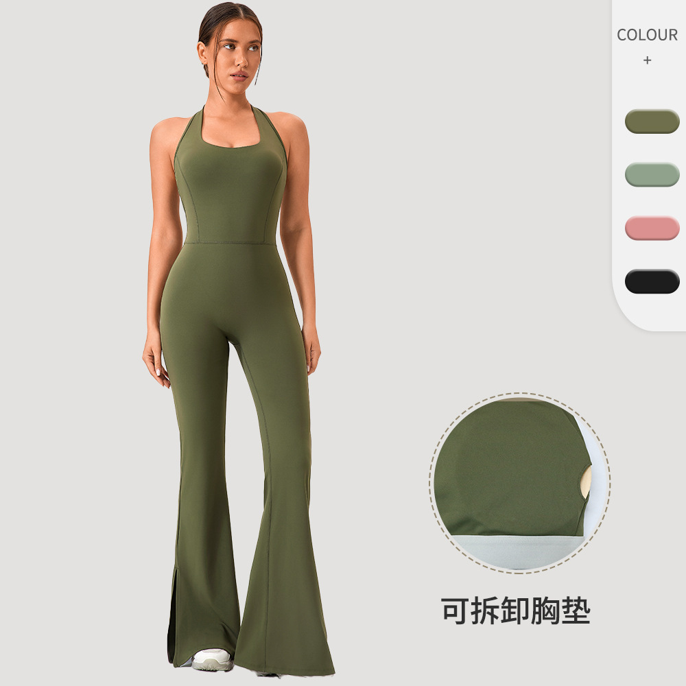 European and American Yoga Wear One-Piece Bell-Bottom Pants for Women, Nude Tight-Fitting Dance Fitness Wear, Hip-Lifting Sports Running Jumpsuit