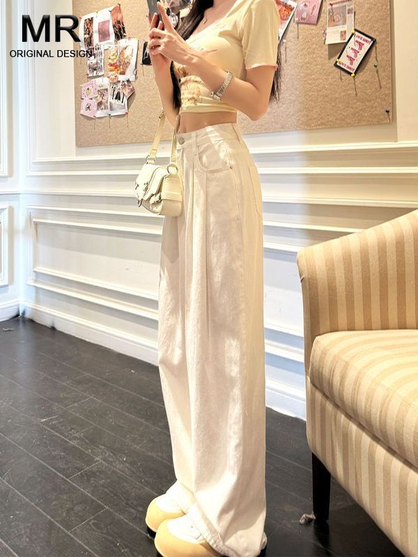 白色高腰褶皱阔腿牛仔裤女2025夏季薄款宽松显瘦直筒垂感拖地裤潮|undefined