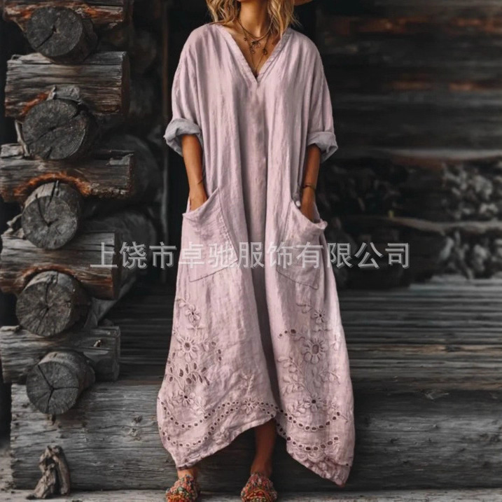 2025新款独立站女式复古花卉艺术图案印花口袋V领口袋连衣裙|undefined