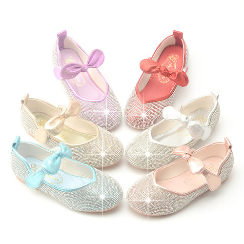 Korean style girls' leather shoes, princess shoes, Frozen shoes, children's pink shoes, sequined Velcro flat shoes for women