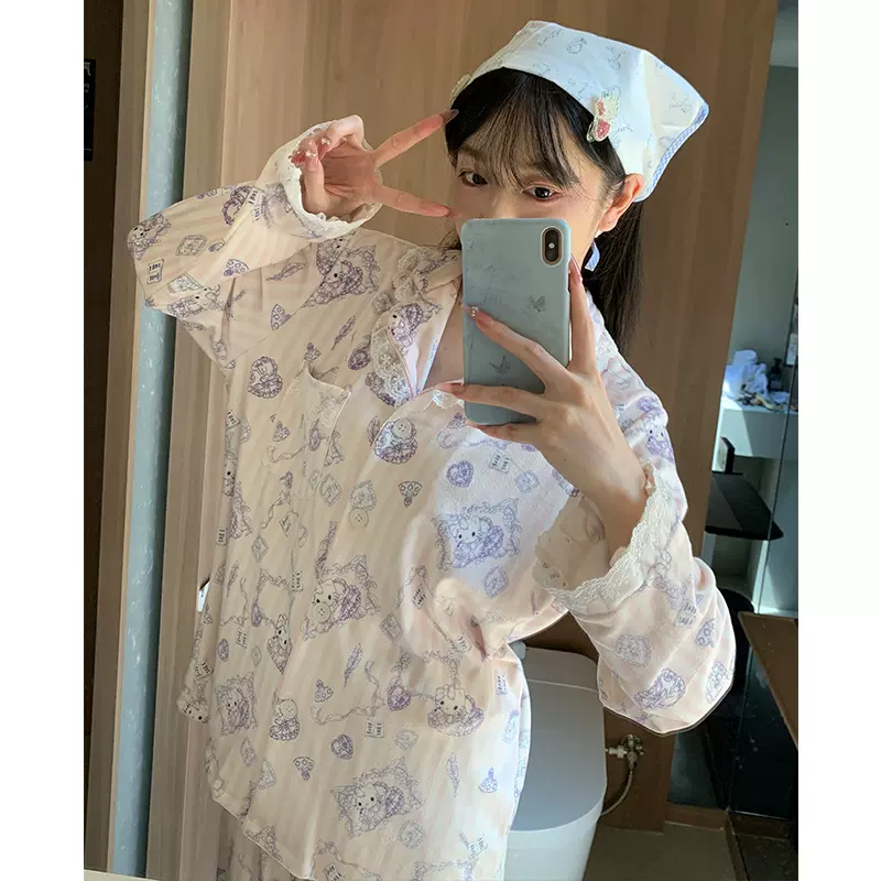 可爱卡通kitty海岛绒睡衣女秋冬款蕾丝少女感加厚保暖珊瑚绒套装