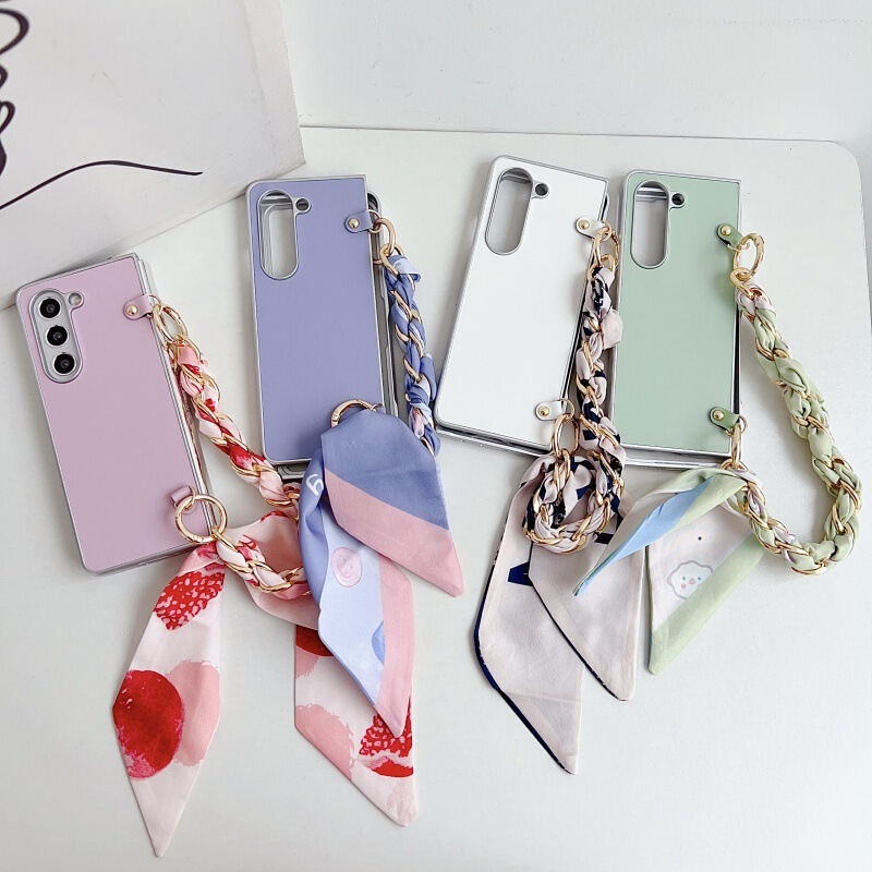 Suitable for Samsung Z Fold3,4,5 Metal Paint Phone Case Fold3,4,5 Leather Pattern Silk Scarf Bracelet Protective Cover