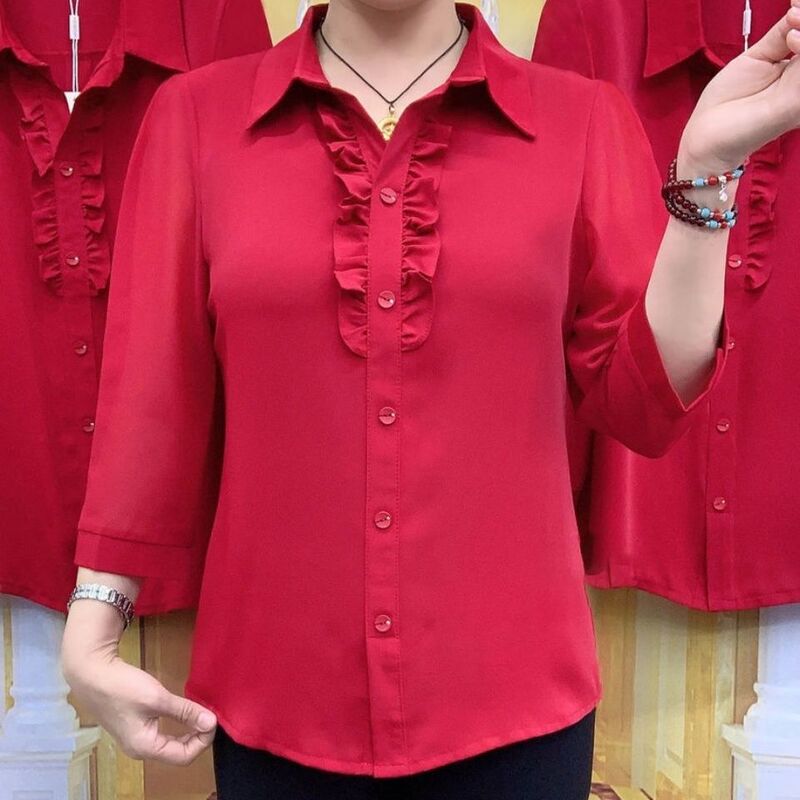 Plus-Size Middle-Aged Mom's T-Shirt 2026 Spring/Summer New Style Polo Collar Ruffled Edge Three-Quarter Sleeve Blouse for Women