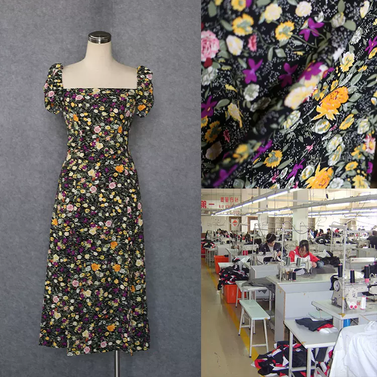 一字领碎花高开叉连衣裙定制 找工厂小单快返 高品质连衣裙定制