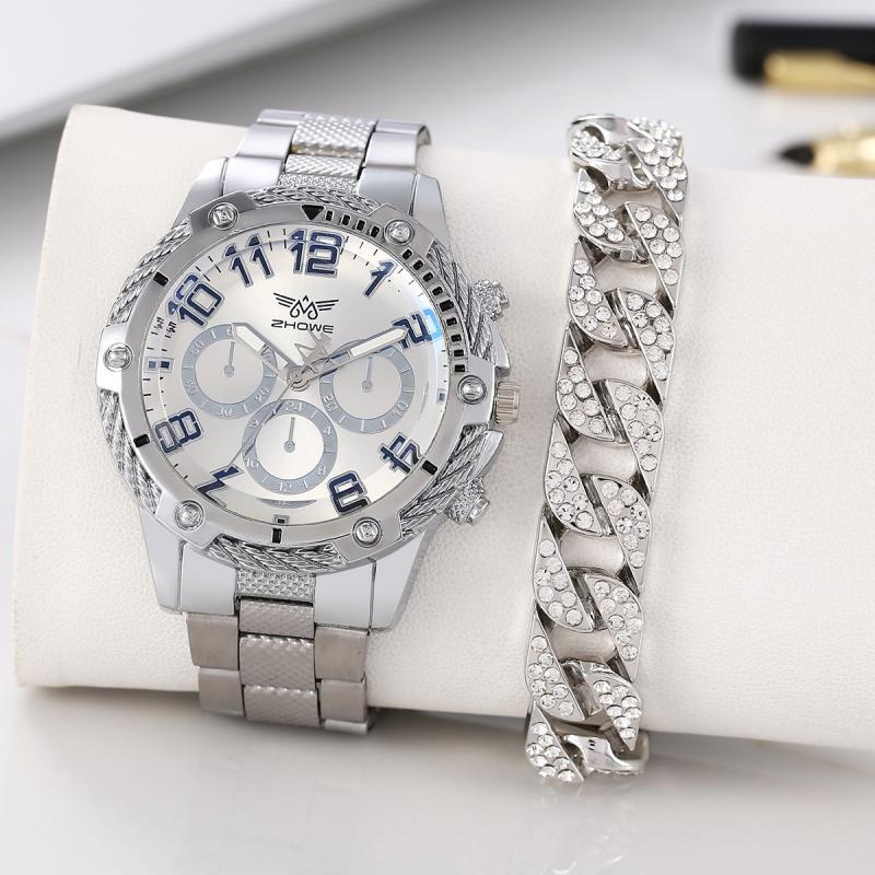 Comercio exterior moda de negocios relojes de hombre falsos tres ojos atmósfera reloj de correa de acero para hombres + pulsera hip-hop dos piezas conjunto de relojes de pulsera image 9