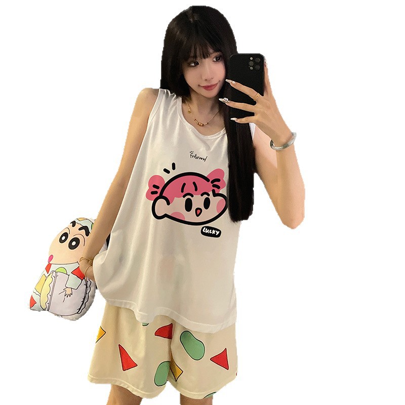 Crayon Shin-chan pijamas de pareja mujeres verano algodón chaleco pantalones cortos estudiantes de dibujos animados lindo traje de servicio a domicilio para hombres