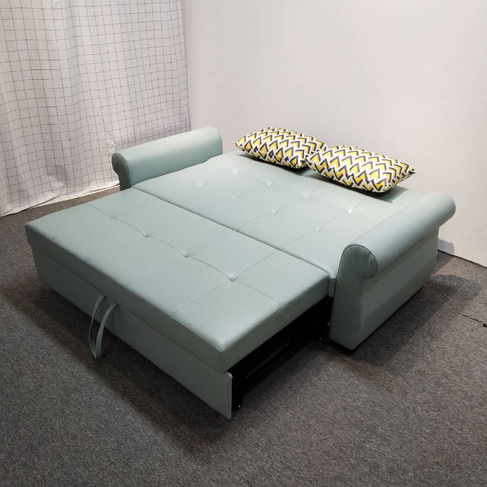Sofá cama multifuncional verde claro pequeño tipo de casa de látex doble doble triple plegable sofá cama de cuero