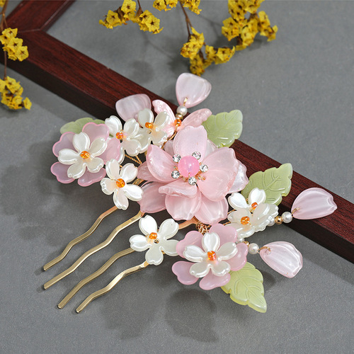 Ancient style Hanfu headdress fairy silk flower hairpin glazed set rose flower tassel hairpin hairpin flower comb set new