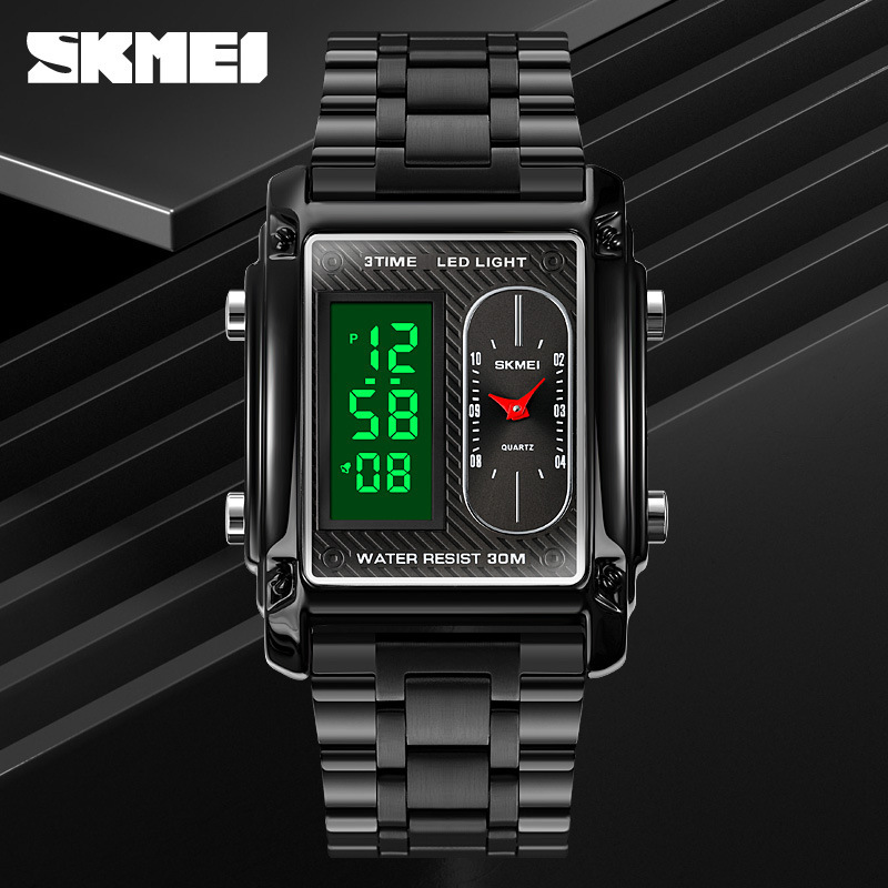 Skmei 1868 cuadrado doble pantalla reloj electrónico estudiante de los hombres impermeable correa de acero reloj negro Guerrero Correa reloj
