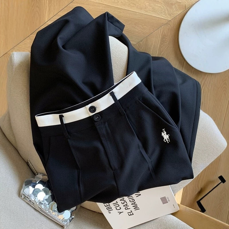 Black high-waisted straight wide-leg pants with pony embroidery for women, autumn loose-fitting drapey commuter style suit pants, high-end trousers Black high-waisted straight wide-leg pants with pony embroidery for women, autumn loose-fitting drapey commuter style suit pants, high-end trousers