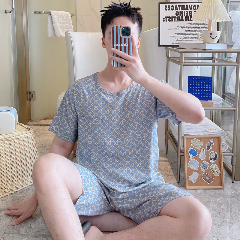 면 실크 잠옷 남성 여름 정장 반팔 투피스 양복 면 실크 면 가정복 캐주얼 플러스 사이즈 외부 착용 가능