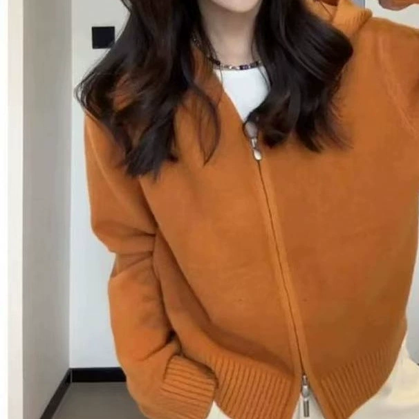 Ленивый ветер трикотажный кардиган женский 2024 осень-зима корейская версия двойной молнии нишевые дизайн короткий свитер куртка