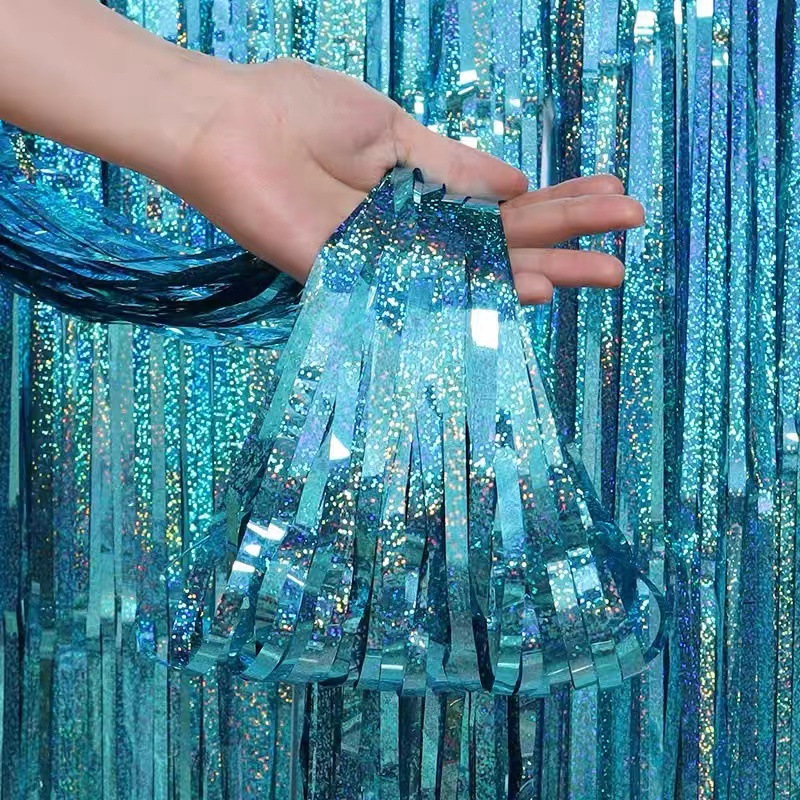 Cortina de seda láser al por mayor colorida decoración de luz brillante fiesta día de los niños casa de boda cumpleaños decoración de cortina de puerta