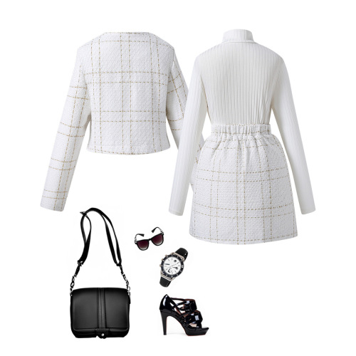 Girls' 2024 Spring Cross-Border Petite Chanel-Style Plaid Irregular Skirt Set | Three-Piece European & American-Style Kids' Clothing