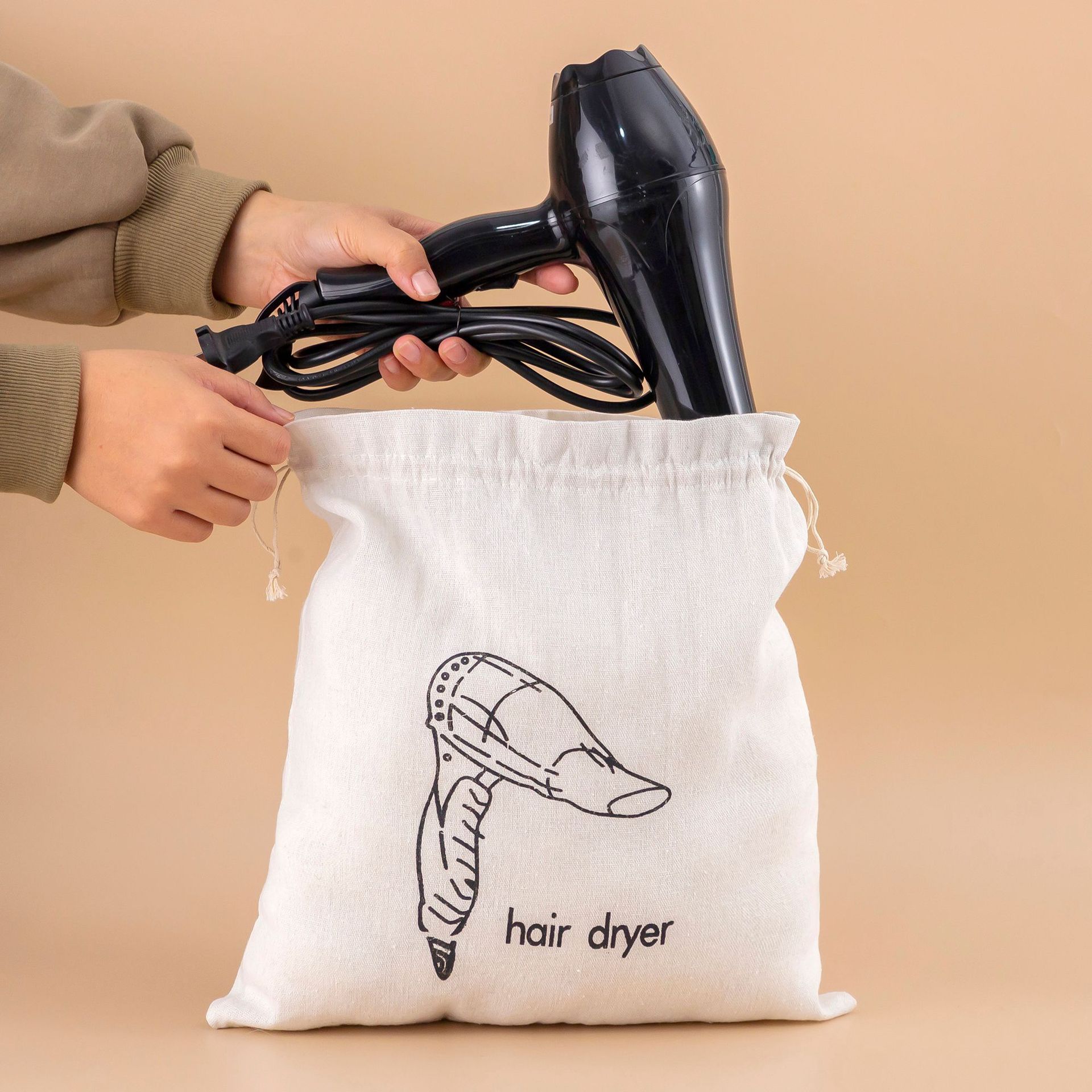 现货供应吹风机麻布印刷束口袋 酒店宾馆收纳吹风机包装袋