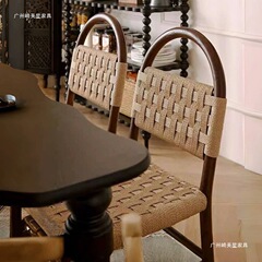 フランス中世無垢材ヴィヴィアンダイニングチェア編組無垢材椅子レトロリビングルームホーム編組背もたれレジャー化粧