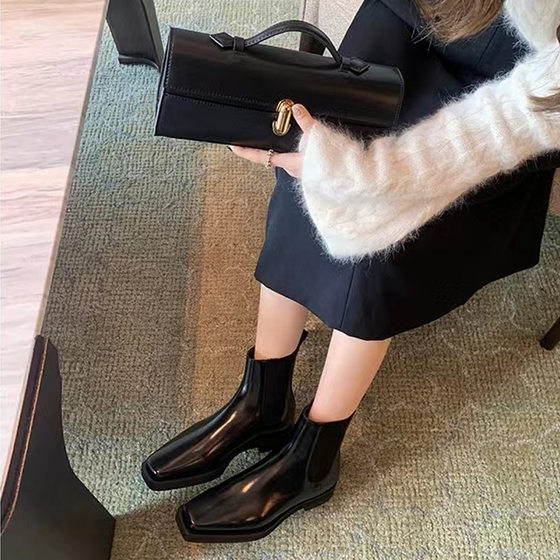 Grape Mom Autumn and Winter New British Style Elegant Square Toe Chelsea Boots Thin Thick Heel Thick Bottom Leather Ankle Boots for Women